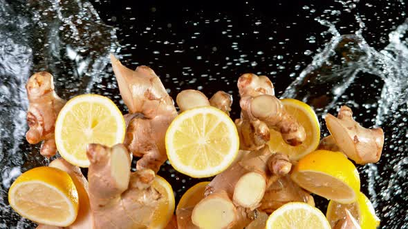 Super Slow Motion Shot of Flying Ginger Cuts Lomen Slices and Water Side Splash at 1000 Fps