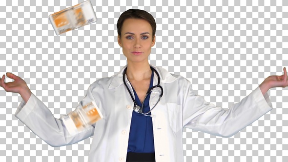 Woman doctor throwing some money and looking, Alpha Channel