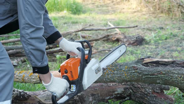 Chainsaw Launch. A Man in Gray Overalls Cuts a Log with a Chainsaw