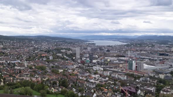 Epic Zurich city timelapse on a cloudy mystery day, panorama view to lake Zurich