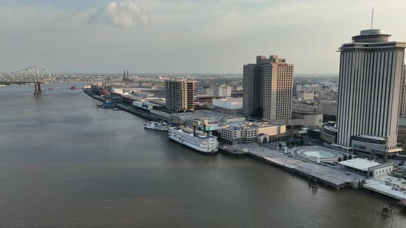 Aerial view of New Orleans and Paddlewheel boats