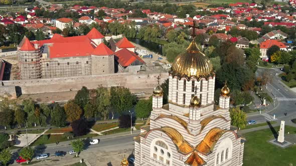 Aerial drone view of the Fagaras, Romania. Church of the Saint John the Baptist