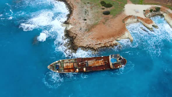 Wreck Sunken Ship in the Sea or Ocean Environmental Disaster Old Rusty Ship in Storm Sea Water