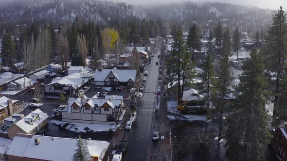 Beautiful Small Snowy Christmas Winter American Town Landscape During Winter Season, Drone Shot