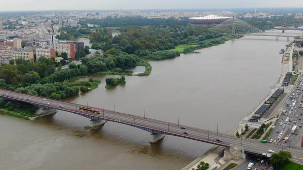 Flying over Vistula (Wisla) river in Warsaw, capital of Poland, Europe