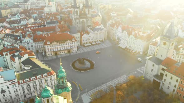 Top View of Staromestska Aerial, Aerial View of the Prague City. Flight Over the City