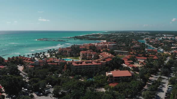 Aerial View Fly Forward of the City and Sea in Mexico on a Sunny Day in Winter