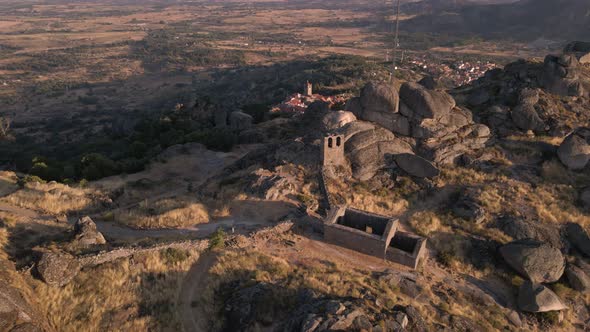 Megalithic rocks at Monsanto in Portugal. Aerial drone view