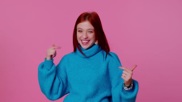 Happy Excited Young Teenager Girl Appear From Below Waving Hi with Her Palm Greeting Friendly Smile