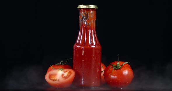 Glass Bottle with Tomato Sauce with Cool Steam