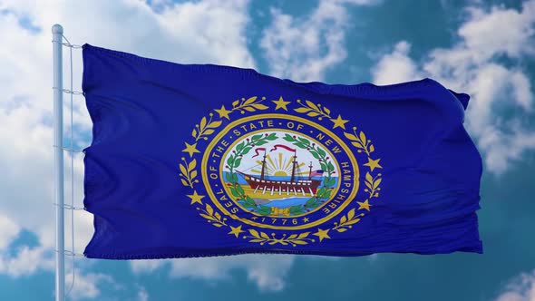 New Hampshire Flag on a Flagpole Waving in the Wind Blue Sky Background