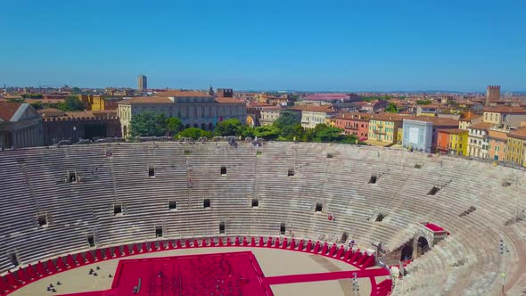 Aerial View Of Arena Di Verona, Italy. The video was filmed over the Arena and the city