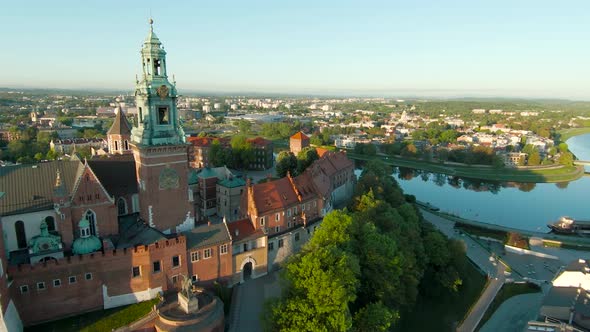 Aerial View of Wawel Royal Castle and Vistula River Early Morning