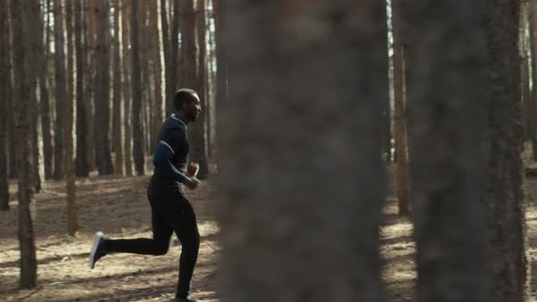 Young Fit African American Male Jogging on a Forest Road.