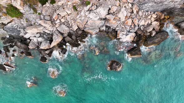 Awesome azure sea rocky texture aerial view 4 K Turkey Alanya