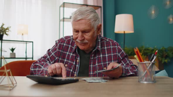 Happy Grandfather Man Counting Calculating Cash Money Dollars Planning Expenses Financial Budget