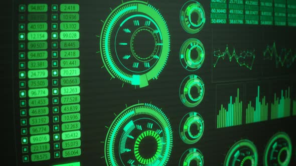 Advanced futuristic graphic interface. Displays abstract diagrams and charts.