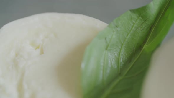 Fresh Juicy Italian Mozzarella with a Basil Leaf ready to be served at a Gourmet Restaurant