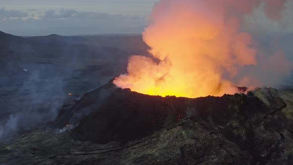 Drone Flight Towards Volcano Erupting With Smoke And Lava