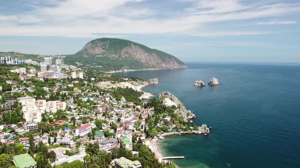Aerial Panoramic View on Gurzuf Resort City and Bear Mountain AyuDag Yalta Crimea
