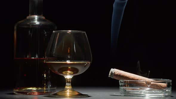 Brandy or Whiskey and Cigar Closeup