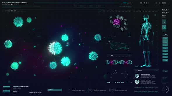 Medical software inspecting the virus cells flying in the black background alt