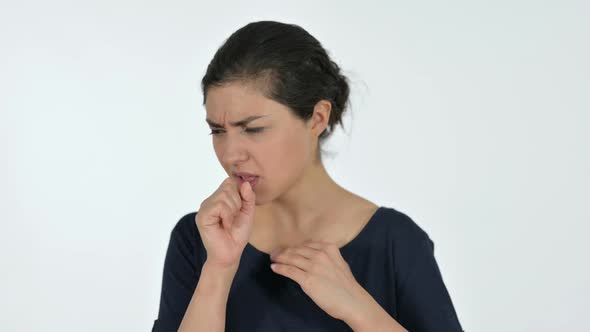 Sick Indian Woman Coughing, White Background 