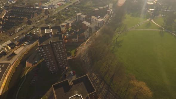 Aerial footage view of high rise tower blocks, flats built in the city of Stoke on Trent to accommod