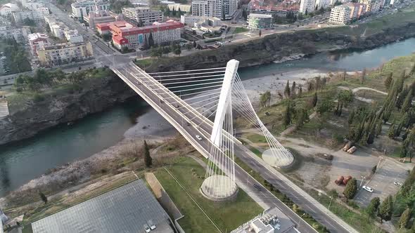 Aerial shot of famous Millenium bridge in city of Podgorica capital of Montenegro. Under the bridge