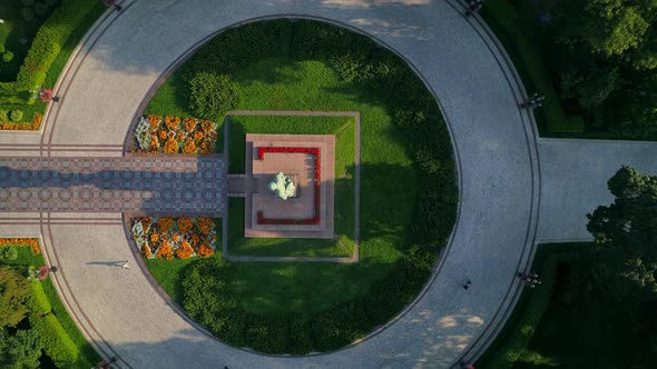 Aerial Top View Monument Writer Taras Shevchenko in Park on Sunny Summer Day