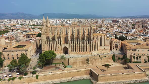 Aerial Drone Video Footage Famous Cathedral La Seu in Palma De Mallorca Spain