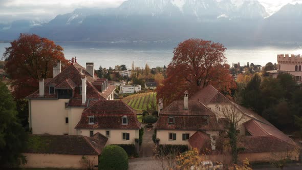 Flying over beautiful small town in Switzerland