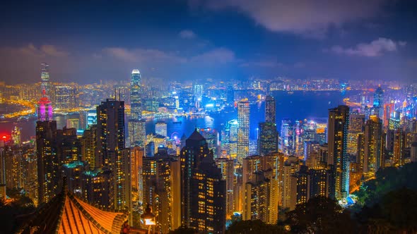 Business City cityscape. Time lapse Hong Kong skyline from famous The Peak View