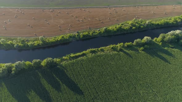 River Flowing in the Field, Aerial View