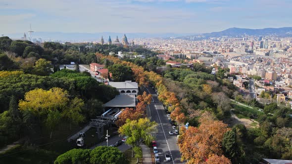 Aerial drone view of Barcelona city at daylight. Montjuic district. Spain