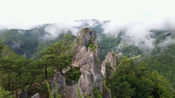 Aerial view of the Sulov rocks nature reserve in the village of Sulov in Slovakia