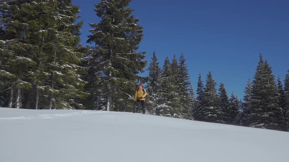 Man Backpacker Tourist Walking Snow Landscape