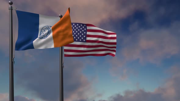 New York City Flag Waving Along With The National Flag Of The USA - 4K