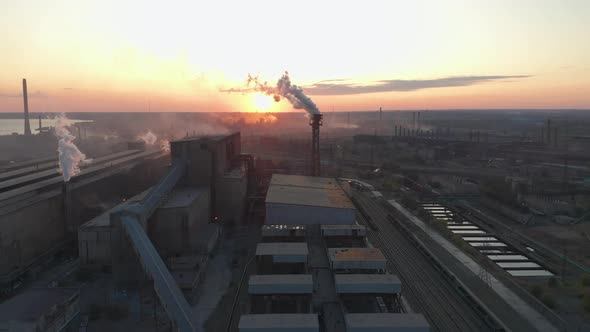 Arial View. Air Pollution By Smoke Coming Out of the Factory Chimneys in the Industrial Zone.