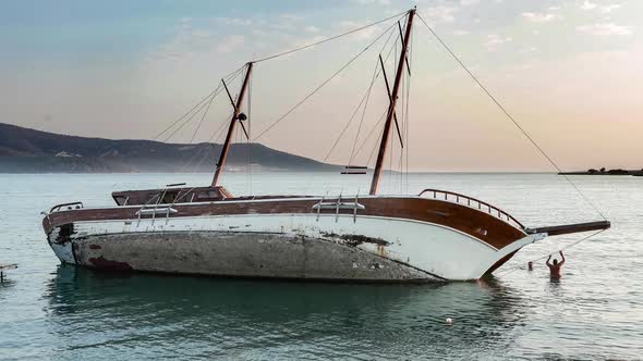 Yacht Aground, Sailboat Semi-Sunk, Stricken Ship