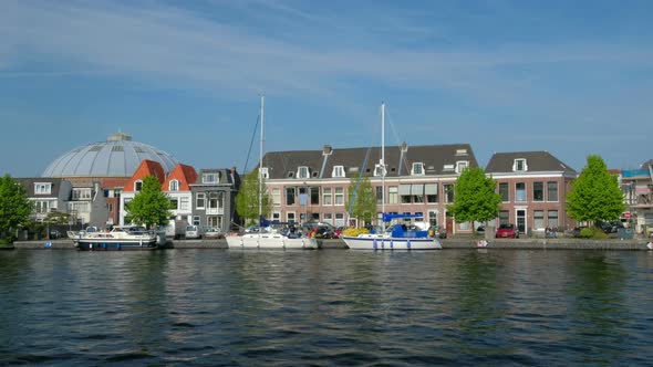 Spaarne River, Boats and Houses. Harlem, Netherlands