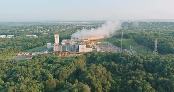 Industrial Thermal Power Station Smoke Stacks with Pollution of Steam