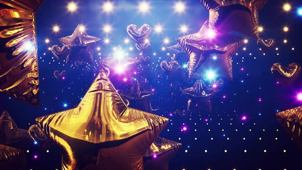 Golden Star And Heart Baloons In Magic Blue Fog 4k