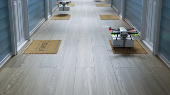 Drones delivering packages to the doors in an endless looping animation. 4KHD