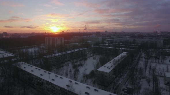 Aerial cityscape of winter St Petersburg at sunrise, Russia