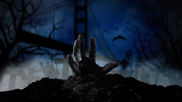 In the San Francisco Cemetery, a Hand Emerges From the GraveSmoky Background