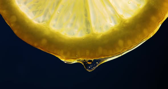 Fresh slice of lemon juice drip on black background