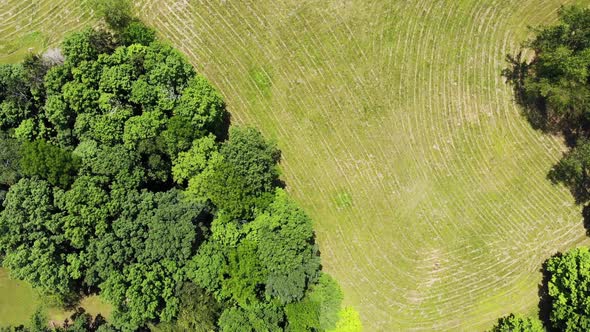 An aerial view looking straight down on a dry Ohio farmland.