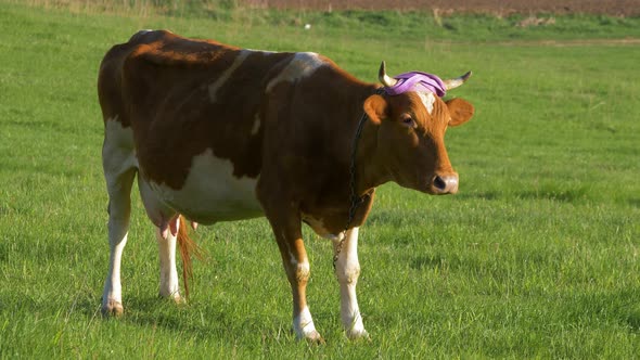 Milk cows eating grass on beautiful meadow.