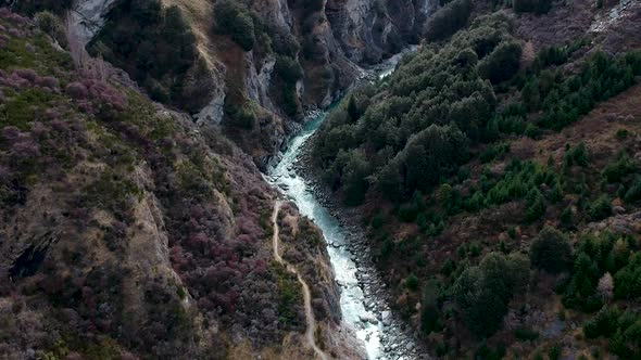 Aerial cinematic reveal of Skippers canyon and Shotover River in Queenstown, Central Otago, New Zeal